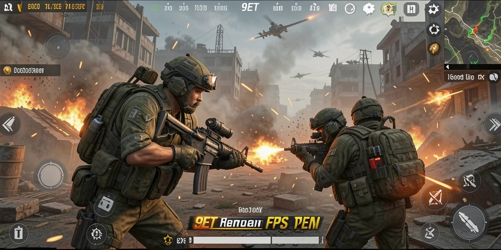 Screenshot gameplay 9ET menampilkan aksi pertempuran yang intens dalam mode FPS.