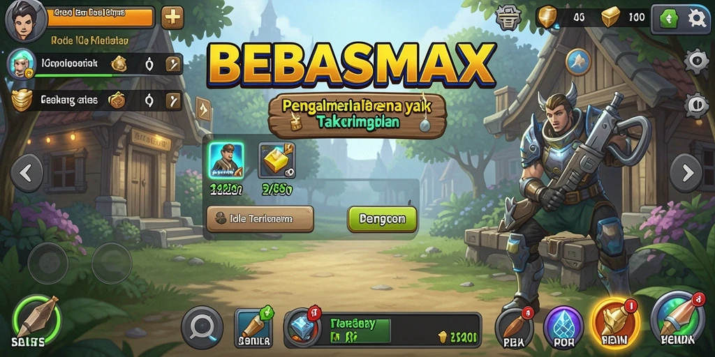 Screenshot gameplay BEBASMAX menunjukkan karakter dengan berbagai upgrade.