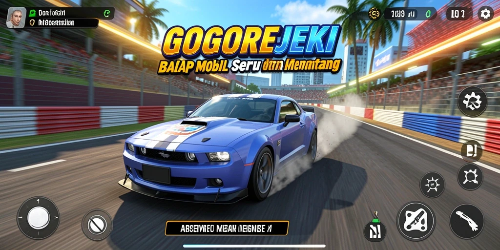 Tampilan gameplay GOGOREJEKI dengan mobil balap yang melaju kencang.