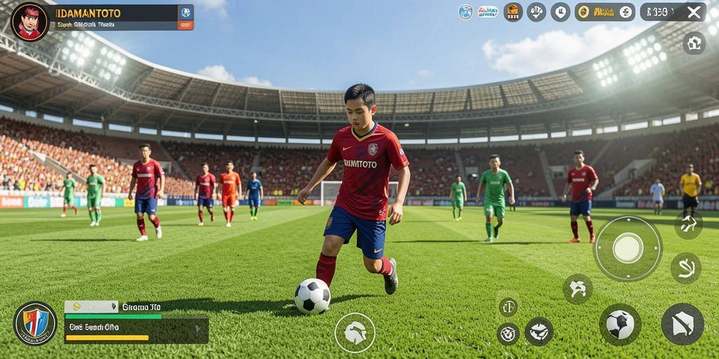 Tampilan gameplay seru di dalam IDAMANTOTO yang menampilkan aksi sepak bola.