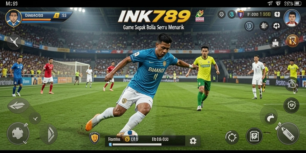 Screenshot gameplay INK789 dengan aksi sepak bola yang intens.