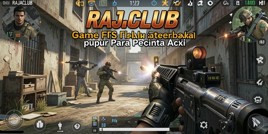 Screenshot RAJACLUB menampilkan aksi menembak intens di medan perang.