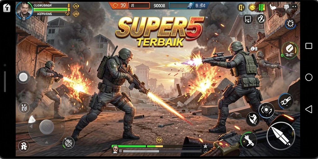Tampilan gameplay SUPER5 dengan aksi perang yang mendebarkan.
